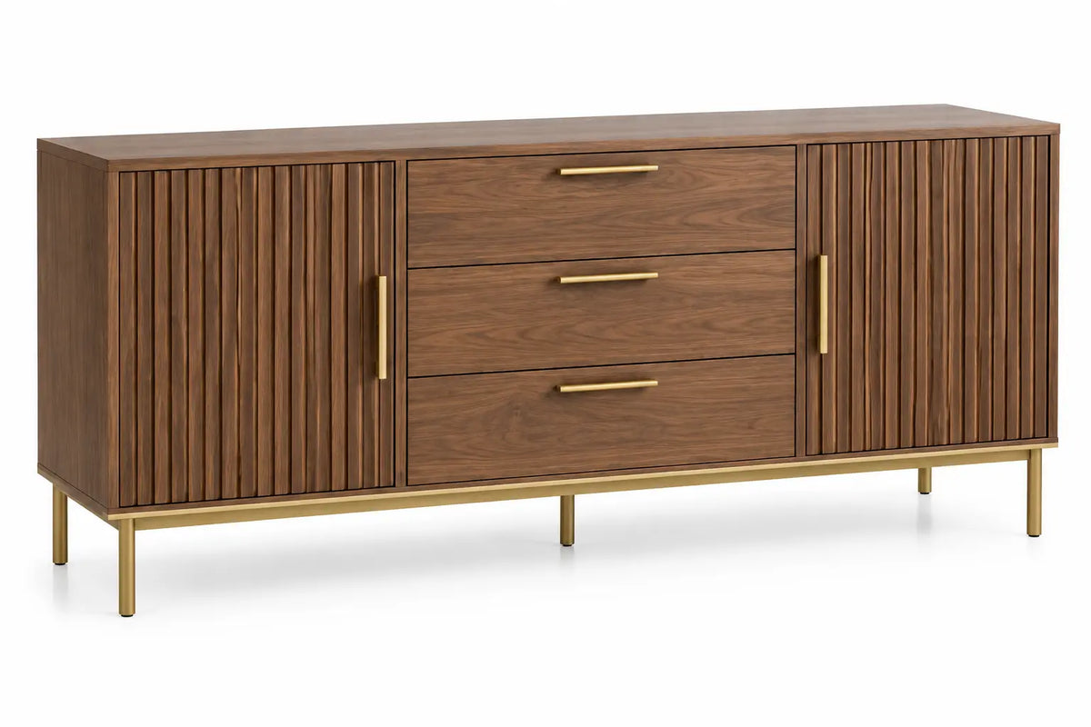Buffet marron à portes striées et trois tiroirs sur piètement doré