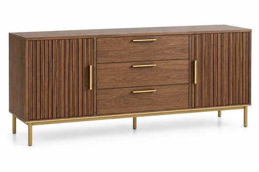 Buffet marron à portes striées et trois tiroirs sur piètement doré