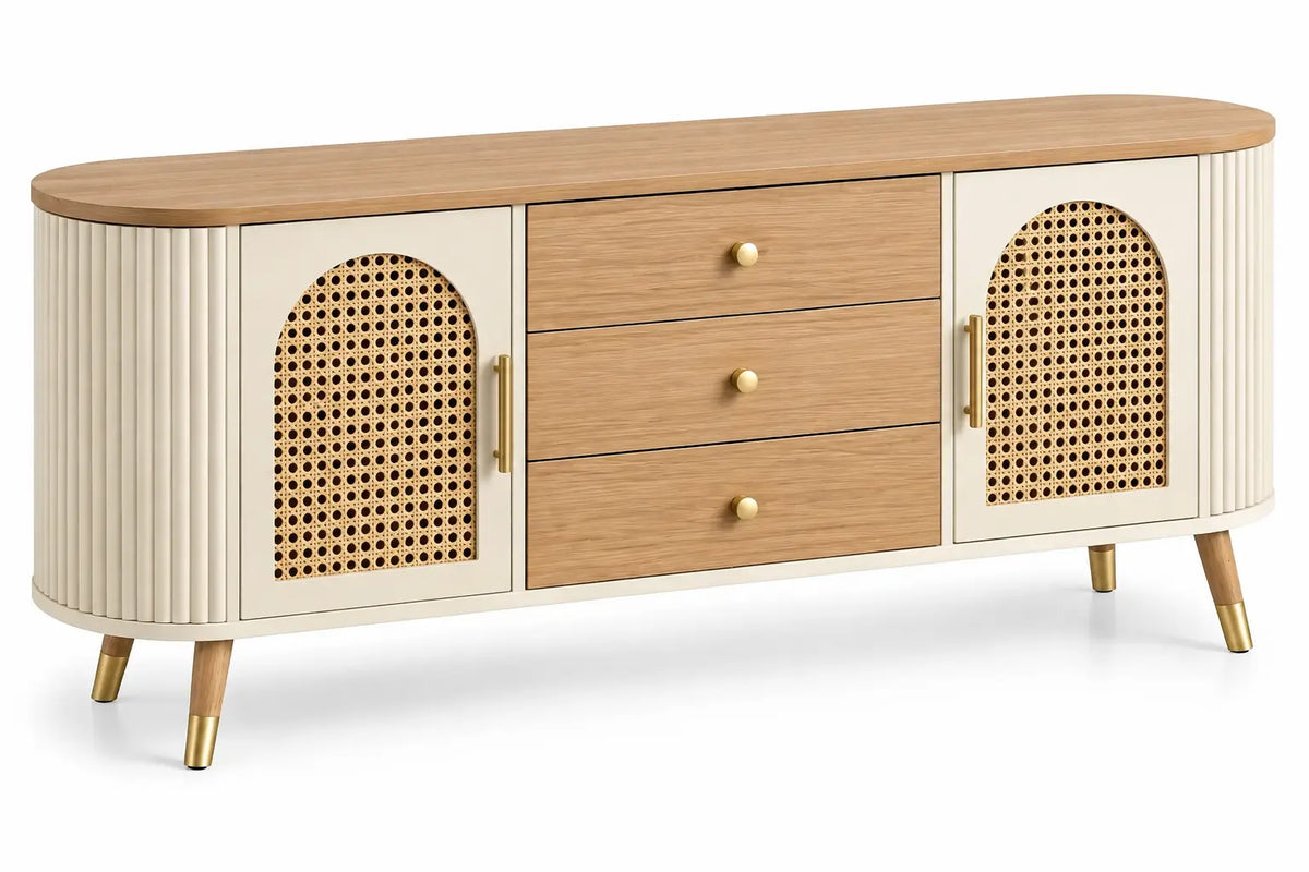 Buffet beige et crème arrondi à panneaux tressés et trois tiroirs