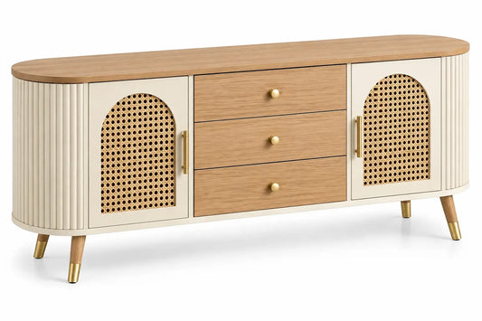 Buffet beige et crème arrondi à panneaux tressés et trois tiroirs