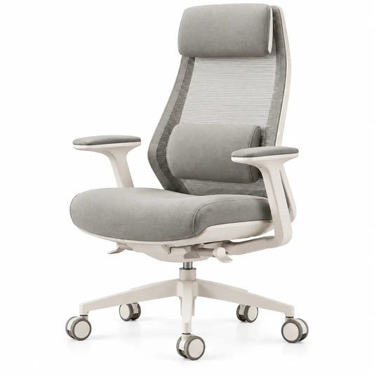 Fauteuil de bureau gris à haut dossier ajouré, appui-tête et roulettes