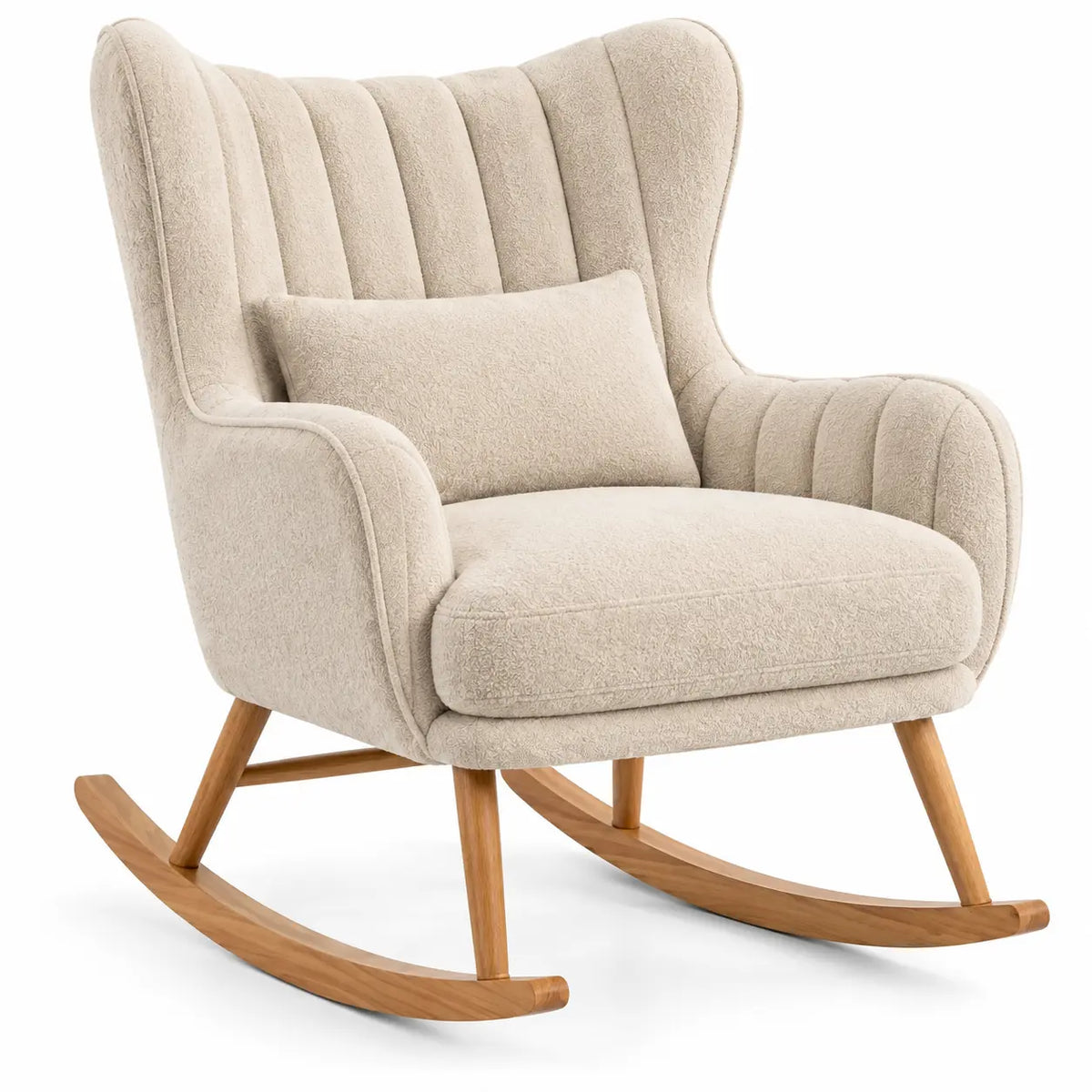 Fauteuil à bascule beige à dossier haut cannelé et accoudoirs arrondis