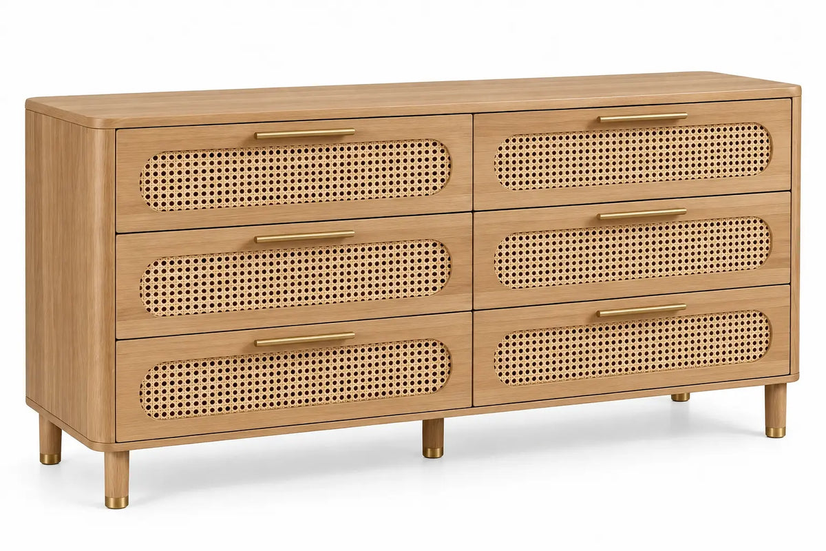 Commode beige à six tiroirs tressés et poignées allongées