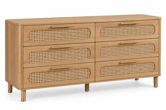 Commode beige à six tiroirs tressés et poignées allongées