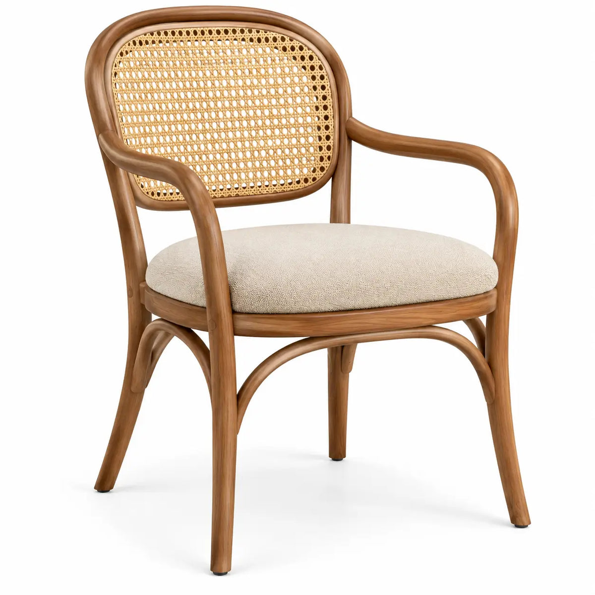 Chaise beige et marron à dossier arrondi tressé et accoudoirs courbés