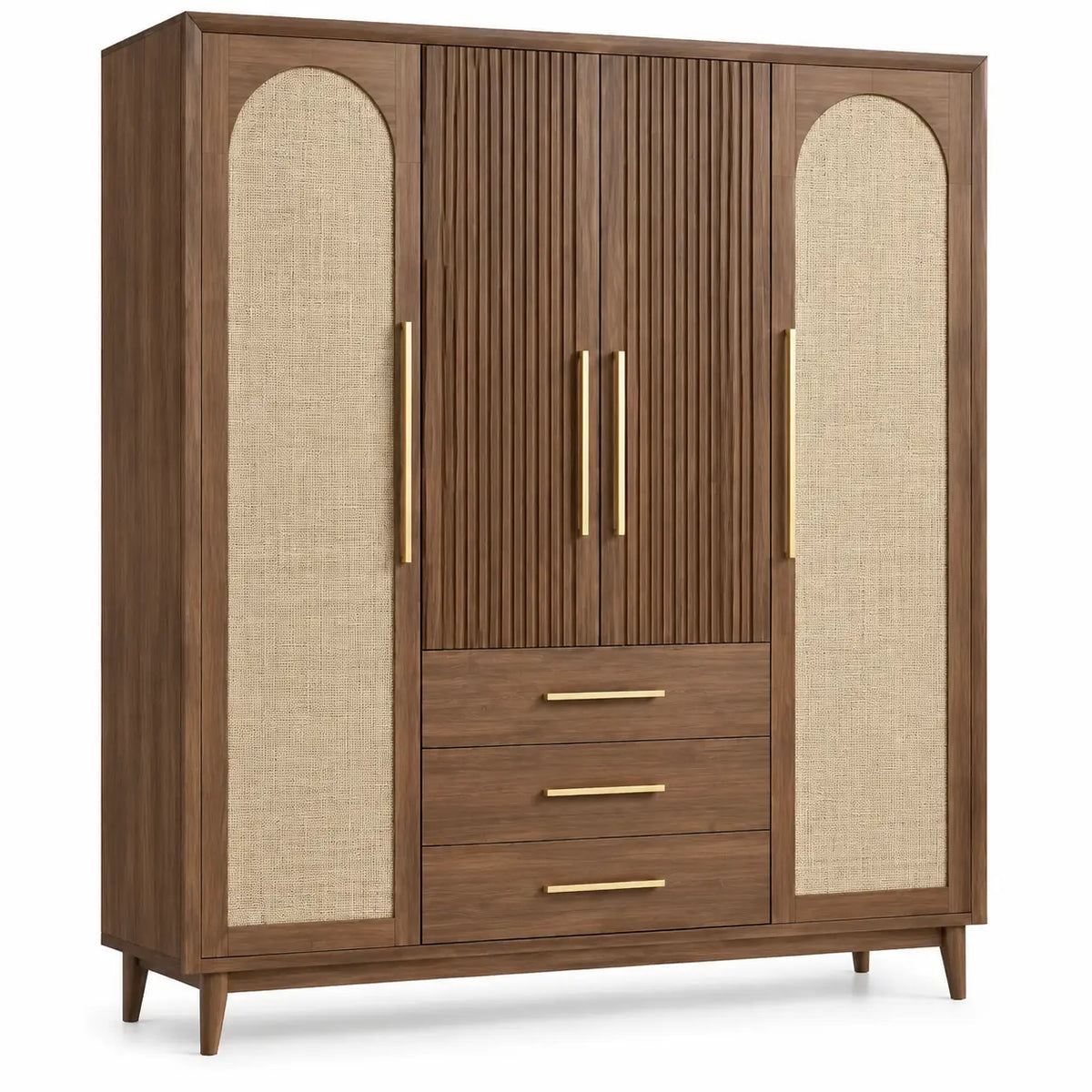 Armoire marron à panneaux latéraux tressés et trois tiroirs centraux