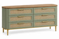 Commode verte arrondie à six tiroirs tressés et plateau beige