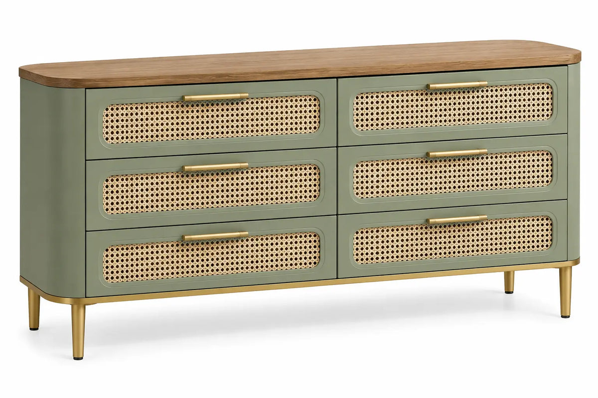 Commode verte arrondie à six tiroirs tressés et plateau beige