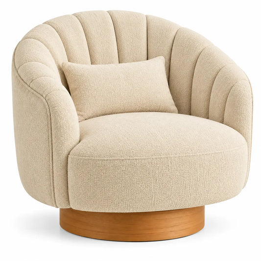 Fauteuil beige arrondi à dossier segmenté et socle cylindrique