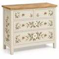 Commode crème à quatre tiroirs décorés de fleurs et plateau beige
