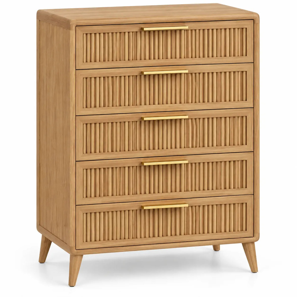 Chiffonnier beige à cinq tiroirs striés et poignées dorées