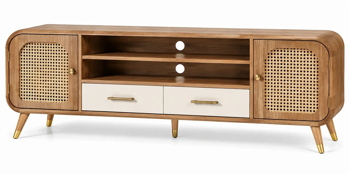 Meuble de télévision beige arrondi à portes tressées et tiroirs crème