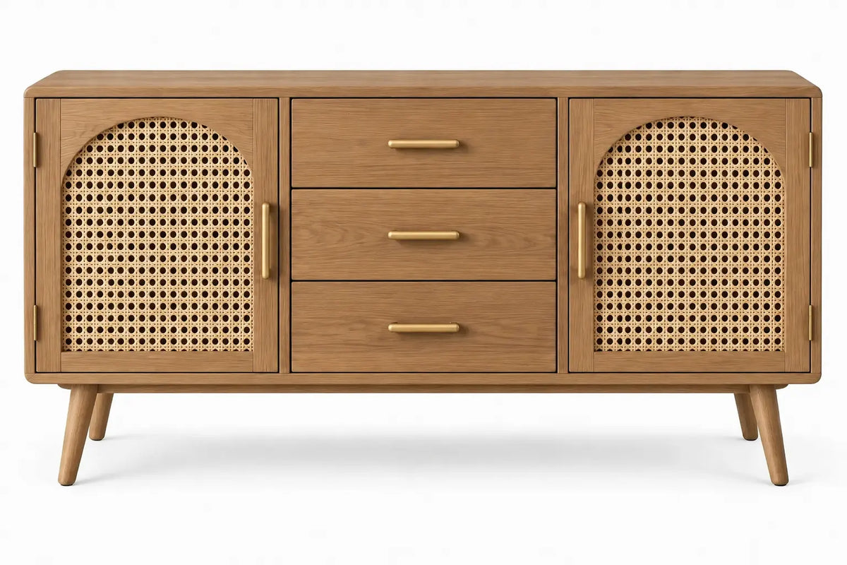Buffet beige à portes ajourées cintrées et trois tiroirs