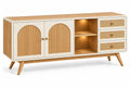 Buffet beige et crème à portes striées, niches et trois tiroirs tressés