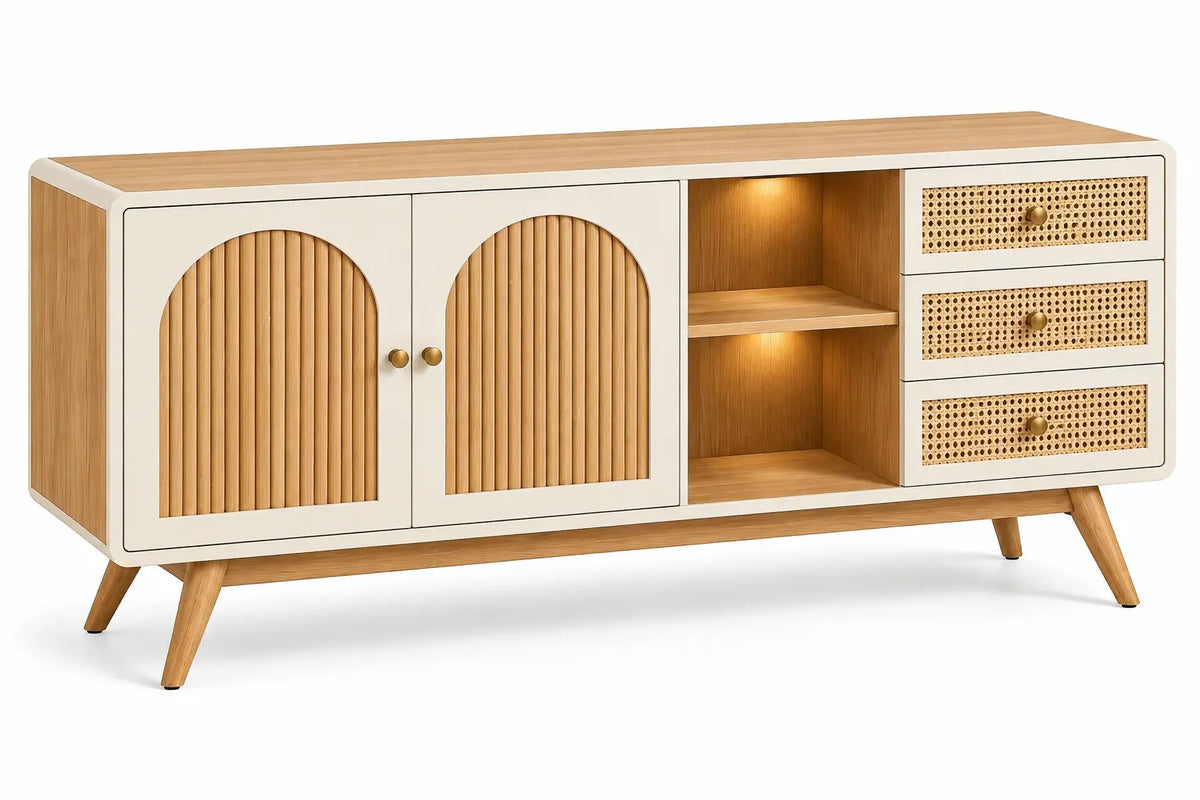 Buffet beige et crème à portes striées, niches et trois tiroirs tressés